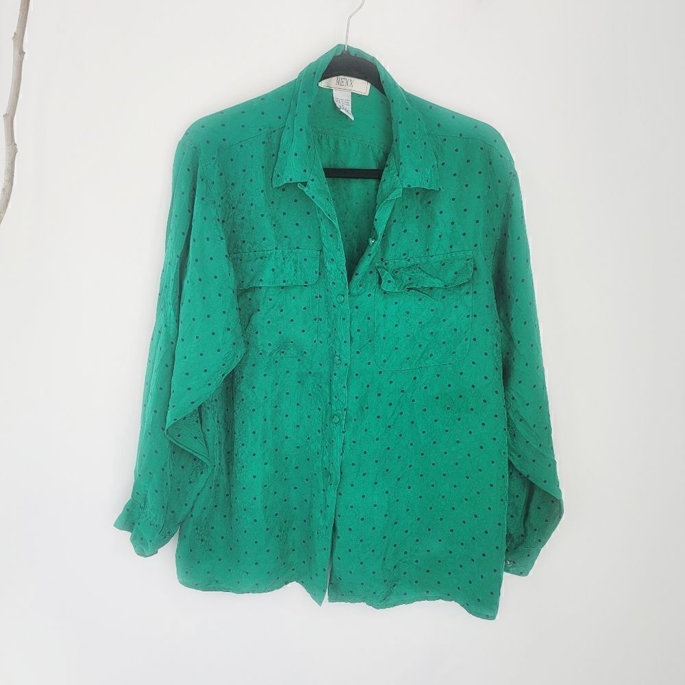 Vintage 80s 90s Nexx green polka-dot silk blouse